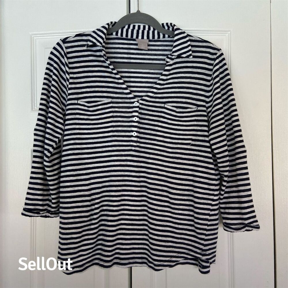 Chico's Women's Striped Linen Blouse Navy White 3/4 Sleeve Size 1